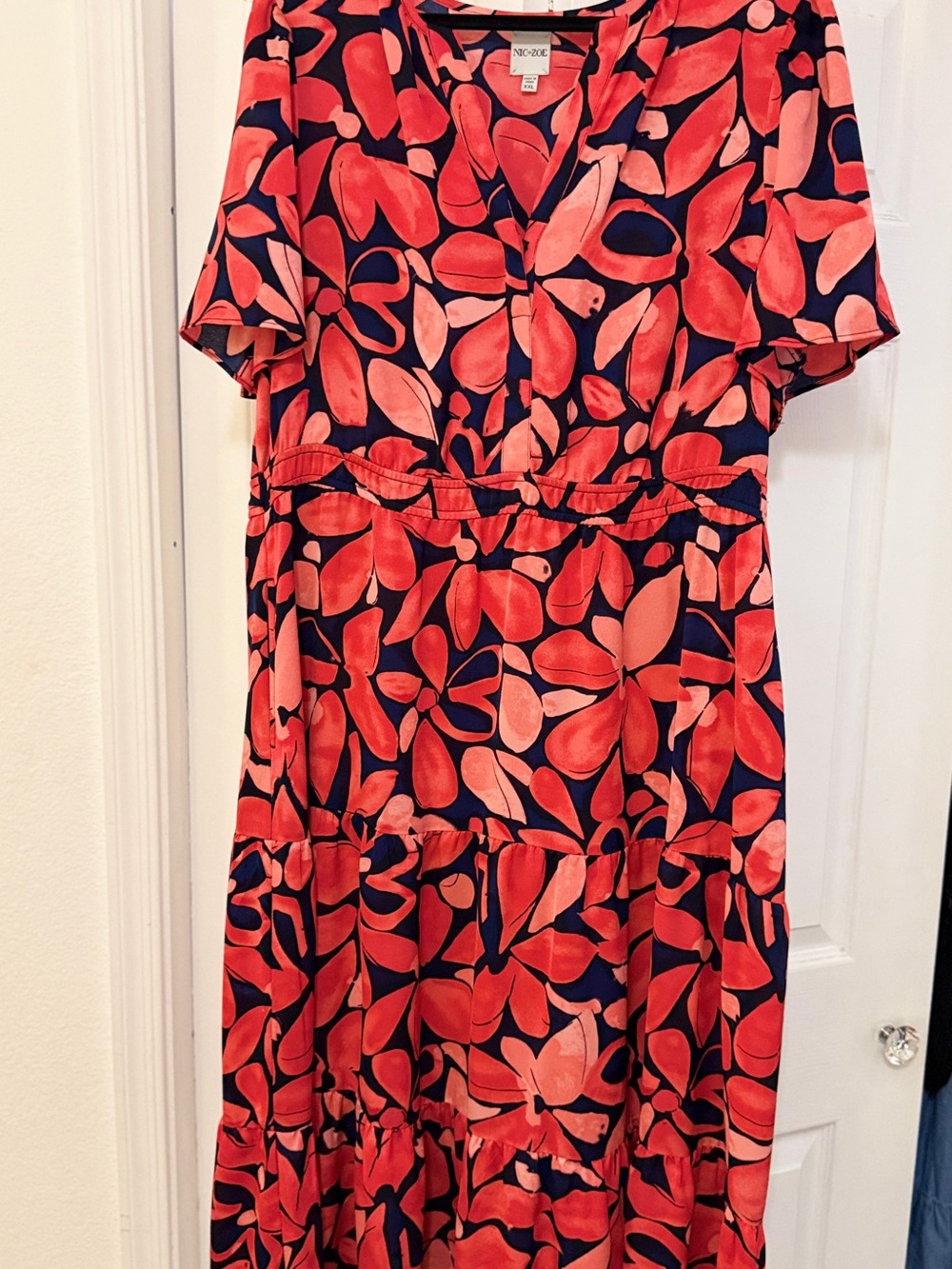 NIC+ZOE Navy and Coral Floral Tiered Dress